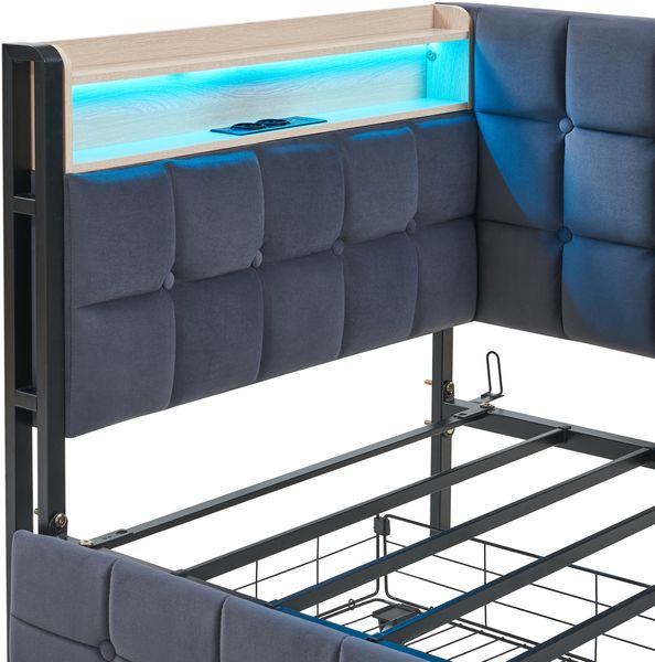 Schlafsofa 90×200 cm mit LED-Kopfteil, USB/Typ-C-Anschlüssen & Stauraum-Schubladen, modernes Polsterbett umbaubar Bild 7