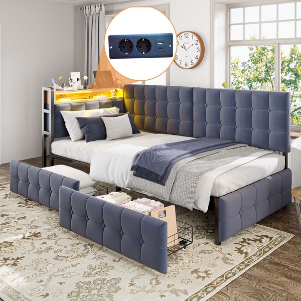 Schlafsofa 90×200 cm mit LED-Kopfteil, USB/Typ-C-Anschlüssen & Stauraum-Schubladen, modernes Polsterbett umbaubar