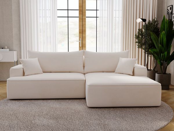 GRAINGOLD Ecksofa California, Sofa mit Schlaffunktion, Bettkasten, Eckcouch L-Form, Velour-Stoff, Creme, Rechts