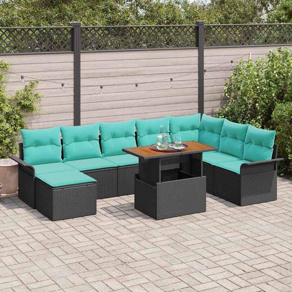vidaXL Garten-Sofa-Set mit Kissen mit Speicher 9 pcs Schwarz und blau 3349374