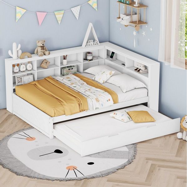 Flieks Massivholzbett, Doppelbett 140x200cm mit Stauraum, USB-Aufladen und Unterbett 90x190cm