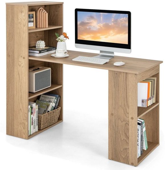 COSTWAY Schreibtisch, mit Bücherregal & 6 Regalen, bis 91kg, 122x56x122cm
