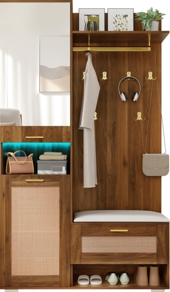Garderoben-Set, Kleiderschrank-Set mit Spiegel, 6 goldenen Kleiderhaken, Schuhschrank, Wandgarderobe, oberem Stauraumfach, Sitzbank und 16-farbiger LED-Beleuchtung