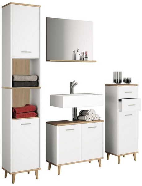 VCM Badmöbel Sets Landos 918171 Weiß / Honig-Eiche H. 181 x B. 124 x T. 28 cm