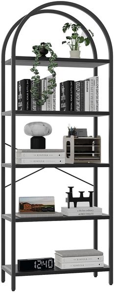 GarveeLife Bücherregal mit 5 Ebenen, 60 x 28 x 180 cm, Industrielles Gebogenes Bücherregal mit Offenen Regalen für Zuhause, Büro, Wohnzimmer, Schlafzimmer, Schwarz
