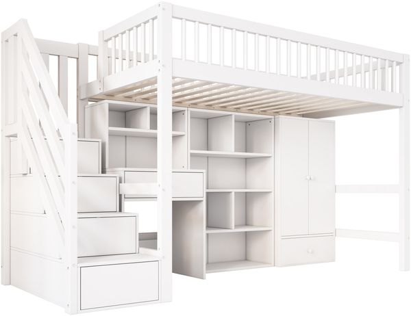 Merax Hochbett mit Schreibtisch, Treppe, Schließfächern & Kleiderschrank, ohne Matratze, Massivholz Weiß, 90 x 200 cm Bild 5