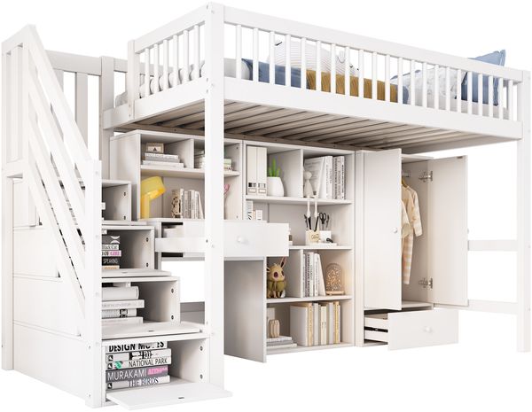 Merax Hochbett mit Schreibtisch, Treppe, Schließfächern & Kleiderschrank, ohne Matratze, Massivholz Weiß, 90 x 200 cm Bild 3