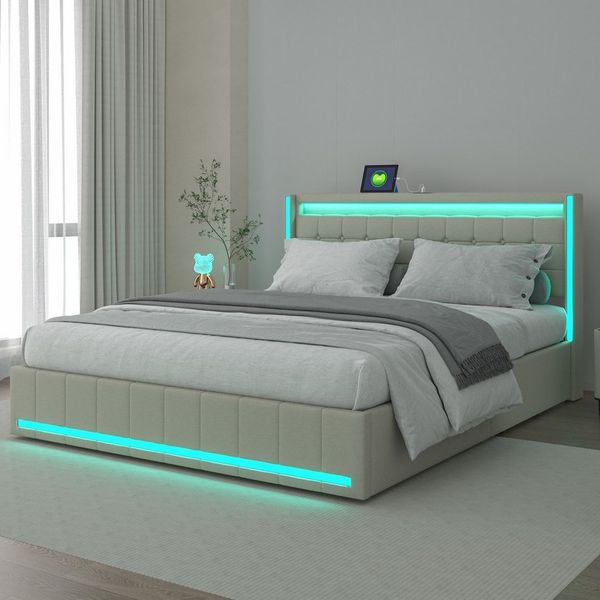 Furnishings Home Polsterbett LED Doppelbett 140x200 cm, Stauraumbett mit Kopfteil und 4 Schubladen (Leinenmaterial Polsterbett mit RGB Beleuchtung), mit Lattenrost und Ladefunktion, mit Komforthöhe, Leises Design Bett