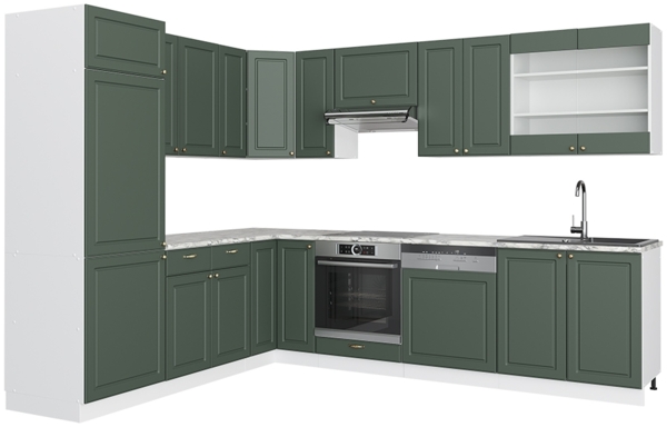 Eckküche Fame-Line Grün-Gold Landhaus/Weiß 287 x 46 cm ohne Arbeitsplatte Vicco