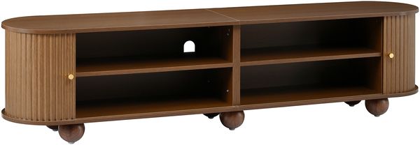 Merax Rundungen TV Lowboard, TV Schrank, Schiebetüren, Retro TV Möbel, Wohnzimmermöbel, vertikal geriffelte Schiebetüren, Kugelfüße, Nussbaum Bild 8