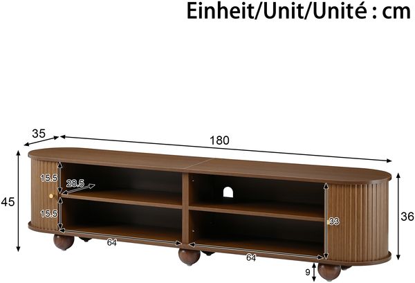 Merax Rundungen TV Lowboard, TV Schrank, Schiebetüren, Retro TV Möbel, Wohnzimmermöbel, vertikal geriffelte Schiebetüren, Kugelfüße, Nussbaum Bild 4