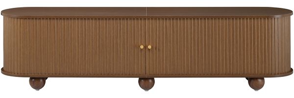 Merax Rundungen TV Lowboard, TV Schrank, Schiebetüren, Retro TV Möbel, Wohnzimmermöbel, vertikal geriffelte Schiebetüren, Kugelfüße, Nussbaum Bild 9