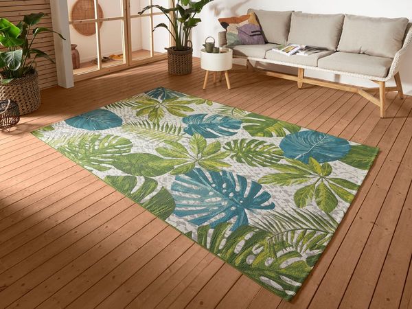 Hanse Home Tropical Leaves In- & Outdoor Teppich – Flachgewebe Aussenteppich, Jungel Palmen Blätter Design, ÖKO-TEX Wetterfest & UV-beständig für Balkon, Terrasse, Garten – Türkis Grün, 120x180 cm