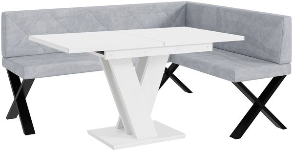 MEBLINI Eckbank für Esszimmer mit ausziehbarem Tisch - Küchenbank - Essecke - Sitzecke Küche - ERIC - X-Beine 128x168x87cm Rechts - Hellgrau Samt/M Weiß Matt