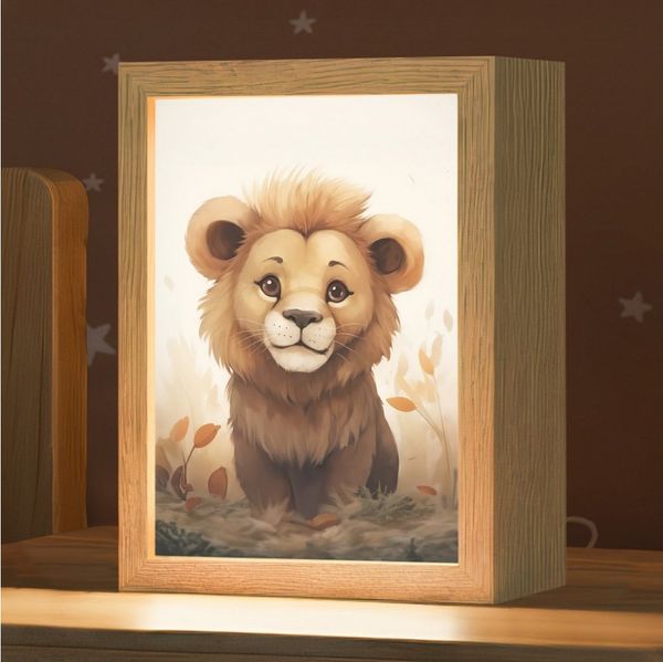 OnlyWow Nachttischlampe Lightbox Löwe - Tiere - Kinder - Braun - Mädchen, Dimmbar, Farbwechsel, LED, Warmweiß, Kaltweiß, Neutralweiß Einstellbar, Kinderzimmer, Babyzimmer, Dimmbar, mit Kabel, Nachtlampe, LED