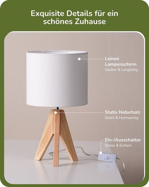 EDISHINE Nachttischlampe Vintage Tischlampe Holz mit Stoffschirm, inkl. Leuchtmittel, LED wechselbar, Warmweiß, Lampenschirm aus Leinen, für Deko, Schlafzimmer, Wohnzimmer