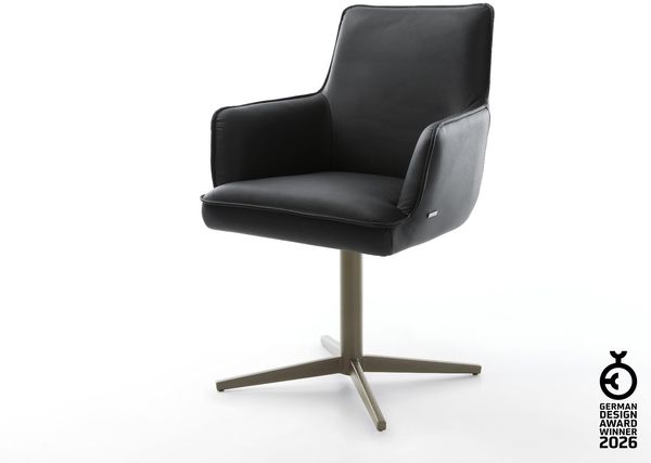 Drehstuhl Heira-Flex mit Armlehnen Echt-Leder Schwarz Fußkreuz Effektfinish Titan 360° drehbar Taschenfederkern