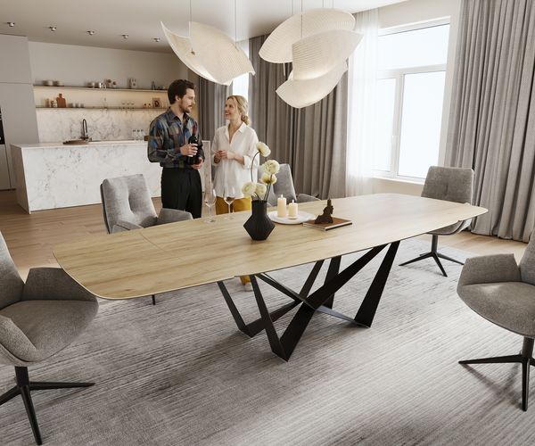 Esstisch Edge Boot 200-300x120 cm Keramik Laminam® Sabbia Eichefarbig Spider Flachstahl Schwarz ausziehbar