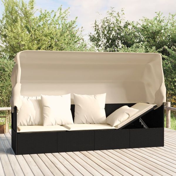 vidaXL Outdoor-Loungebett mit Dach und Kissen Schwarz Poly Rattan 319566
