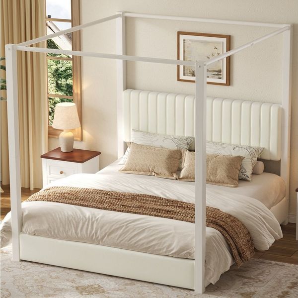 BlingBin Himmelbett Polsterbett 180x200 cm mit Himmelbettgestell (Metallbett, 1-tlg, Bettgestell mit Himmelbettgestell und Lattenrost), Doppelbett mit Kopfteil, Metallrahmen und Lattenrost