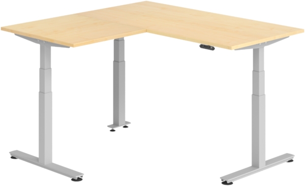 bümö Eckschreibtisch elektrisch höhenverstellbar L-Form: 160 x 160 cm in Ahorn, Gestell silber - Stehschreibtisch mit Memory-Steuerung, elektrischer XXL Schreibtisch für die Ecke, XDSMW-1608-3-S