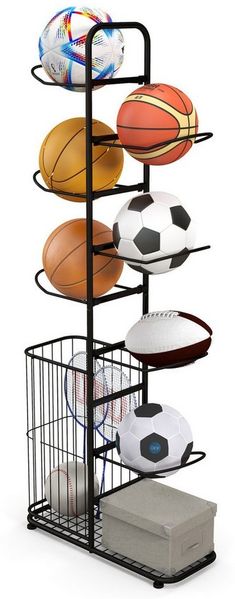 COSTWAY Sportgeräte-Regalwagen, 7-stufiger Ball Lagerregal mit Korb, abnehmbar