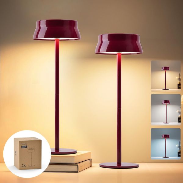 Philips Tischlampe Kabellose 2 Stück, Portable LED Akku Tischleuchte mit 2 stufig höhenverstellbar, Touch Stufenlos Dimmbar Nachtlicht, Wasserdicht für Schlafzimmer, Rot