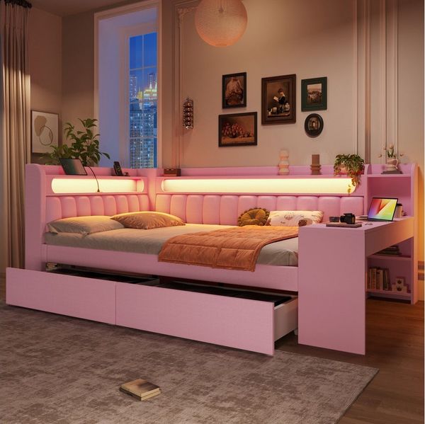 Merax Daybett 140x200 cm mit LED-Beleuchtung und USB-Anschlüssen (Schlafsofa Sofabett Jugendbett Einzelbett aus Leinen, 1 tlg), Polsterbett Tagesbett mit 2 Schubladen und integriertem Schreibtisch