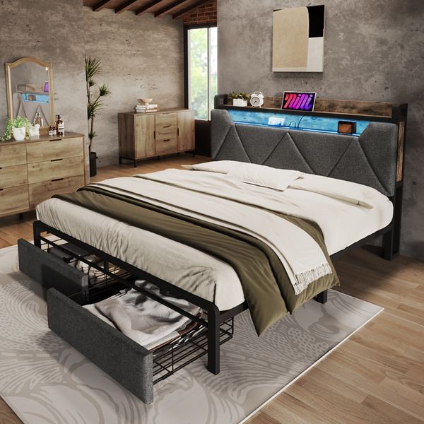 Polsterbett 160×200 cm aus Leinen-Stoff mit LED-Beleuchtung & Schubladen, grau