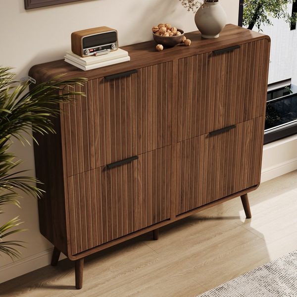 REDOM Schuhschrank Schuhschrank 105 x 90 x 24 cm in Nussbaumoptik mit 4 Klapptüren (Packung, 1-St, Moderner skandinavischer Stil, 4 Flügeltüren) Doppelstöckiges Design mit Platz für 18–24 Paar Schuhe.