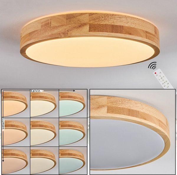 hofstein Deckenleuchte dimbare Deckenlampe aus Metall/Holz/Kunststoff in Weiß/Natur, ohne Leuchtmittel, dimmbare Boho-Leuchte (38 cm), 2500 Lumen, 3000-6000K, Fernbedienung