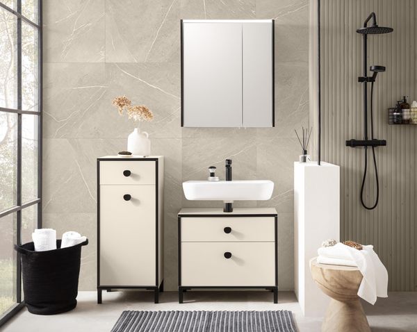 Schildmeyer Badmöbel-Set Edda 702055, Spiegelschrank, Waschbeckenunterschrank, Highboard, cremebeige