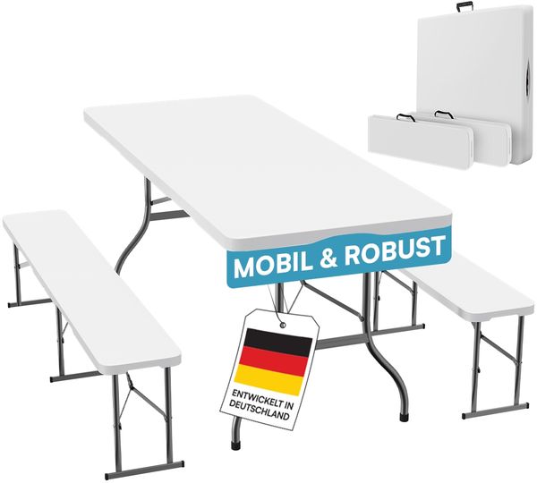 STEELSØN 'Zennar' Gartenmöbel Set für 8 Personen, Sitzgruppe aus Gartentisch und 2x Gartenbank, zusammenklappbar, weiß, wetterfest, inkl. Tragegriff