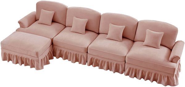 Modulares L-förmiges Sofa 4-Sitzer, tiefer bequemer Sitz beweglicher Hocker abnehmbare Rüschenschürze Trichter-Armlehnen, Chenille, Rosa, Bild 8