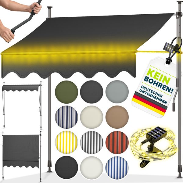 tillvex Klemmmarkise 400 cm Blau/Weiß mit LED mit Handkurbel Balkon | Balkonmarkise ohne Bohren | Markise UV-beständig & höhenverstellbar | Sonnenschutz wasserdicht