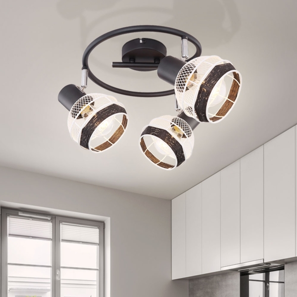 Deckenleuchte, 3-Flammig, Metall-Schwarz, Hanfseil Bild 5