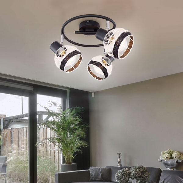 Deckenleuchte, 3-Flammig, Metall-Schwarz, Hanfseil Bild 3