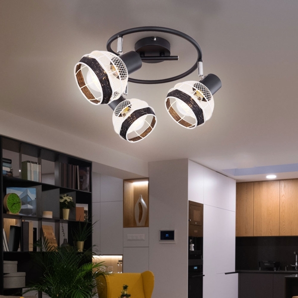 Deckenleuchte, 3-Flammig, Metall-Schwarz, Hanfseil Bild 4