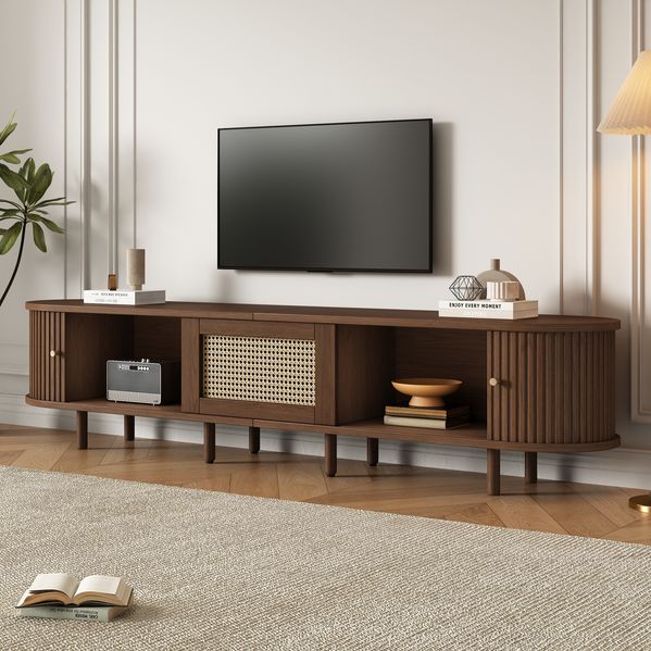 TV-Schrank 180x40x40 cm mit Schublade und 2 Schiebetüren – MDF in dunkler Walnuss-Optik mit Rattan-Details
