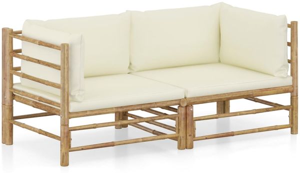 vidaXL 2-tlg. Garten-Lounge-Set mit Cremeweißen Kissen Bambus 3058201