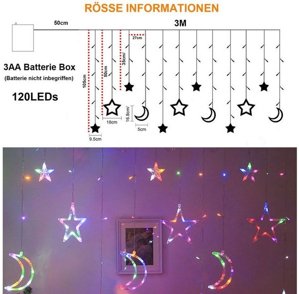 MUPOO LED-Lichterkette 120 LED Lichtervorhang Ramadan Eid Islam Fest Deko lichterketten, 3M Warmweiß/Mehrfarbig Ramadan Deko Batteriebetrieben Bild 3