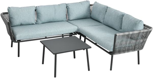 4 tlg, Rattan Gartenmöbel-Set, Sitzgarnitur mit Kissen, 2 Doppelsofas, 1 Ecksofa, 1 Couchtisch, Sitzgruppe, Gartengarnitur für Balkon