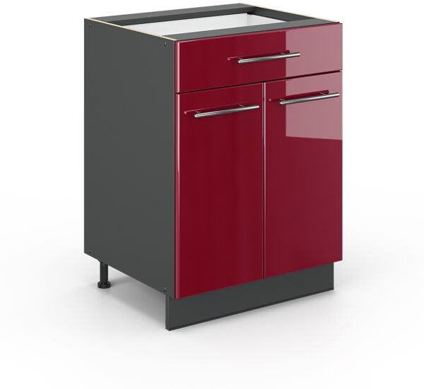 Küchenunterschrank Fame-Line Bordeaux Hochglanz 60 cm mit Schublade, ohne Arbeitsplatte Vicco