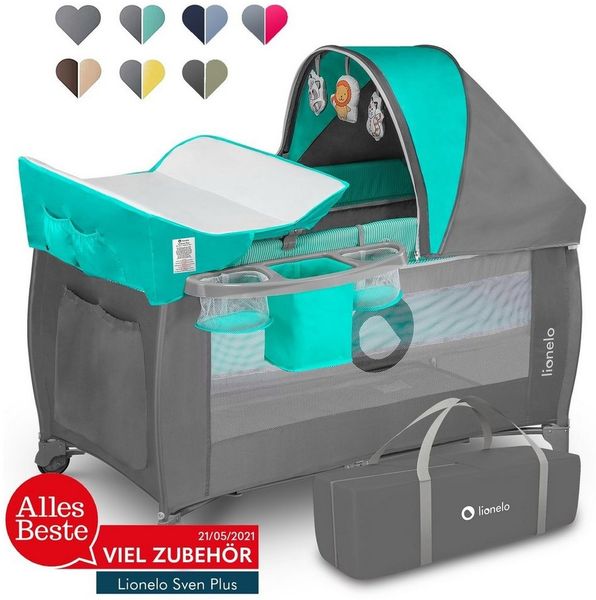 Lionelo Sven Plus 2 in 1 Baby Bett Laufstall Baby ab Geburt bis 15 kg Wickelauflage Moskitonetz luftige Seitenwände mit Seiteneingang Tragetasche zusammenklappbar (Türkis-Grau)