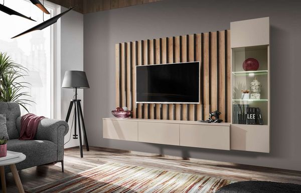99rooms Wohnwand Vitore, (Wohnzimmer-Set, Wohnmöbel), TV-Lowboard, Vitrine, Paneel mit Lamellen, hängend, LED-Beleuchtung