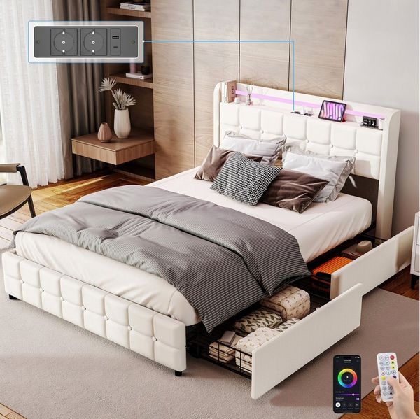 oyajia Polsterbett LED Doppelbett 140x200cm mit Ladefunktion und 2 Schubladen Polsterbett, Einzelbett Bettgestell mit Kopfteil und Lattenrost, Leinen Polsterbett