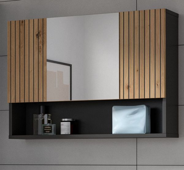 Inn. Furn Badezimmerspiegelschrank Livia (Badspiegel in Eiche Artisan mit Rillen, 3-türig, Breite 80 cm) mit 7 Fächern