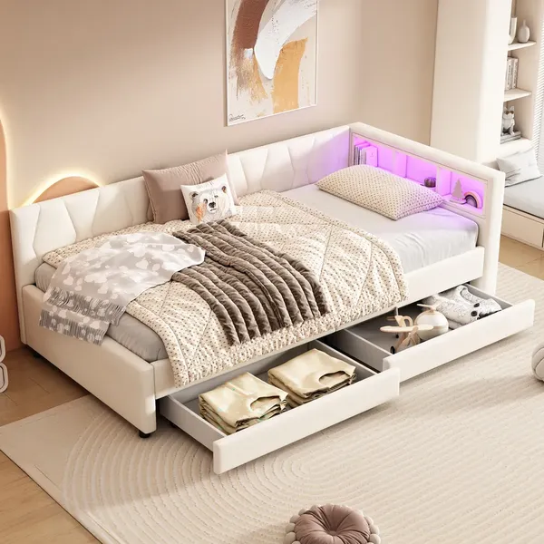 Schlafsofa mit LED-Beleuchtung, Lattenrost, Schubladen, USB/Typ-C Anschlüssen, 90x200cm, Polsterbett, Einzelbett, Leinen