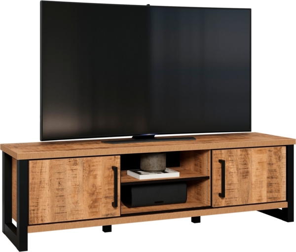 trendteam smart living - Enna - TV-Schrank - Mango/Schwarz - TV-Lowboard mit 2 Türen, 2 offene Fächer und 3 Einlegeböden - (BxHxT) 166 x 50 x 45 cm - Wohnzimmermöbel für Fernseher bis 65"