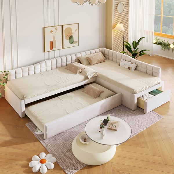 Merax Polsterbett, L-förmiges Kinderbett 90x200 cm mit Ausziehbett 90x190 cm & Schublade*1, Beige